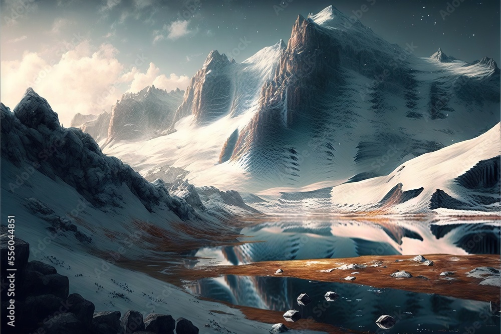 Aufkleber a painting of a mountain range with a lake in the foreground and a mountain range in the background.