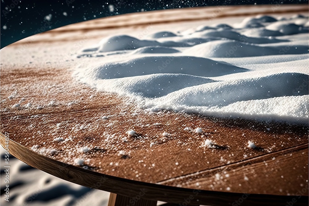 Poster a table with snow on it and a night sky in the background with stars and snow flakes on it. generati