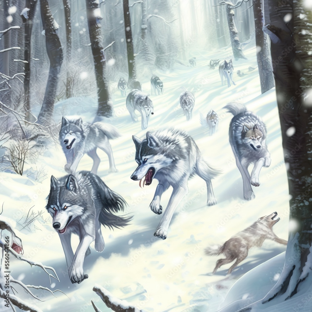 Poster a group of wolfs running through a snowy forest with trees and snowflakes on the ground and on the g