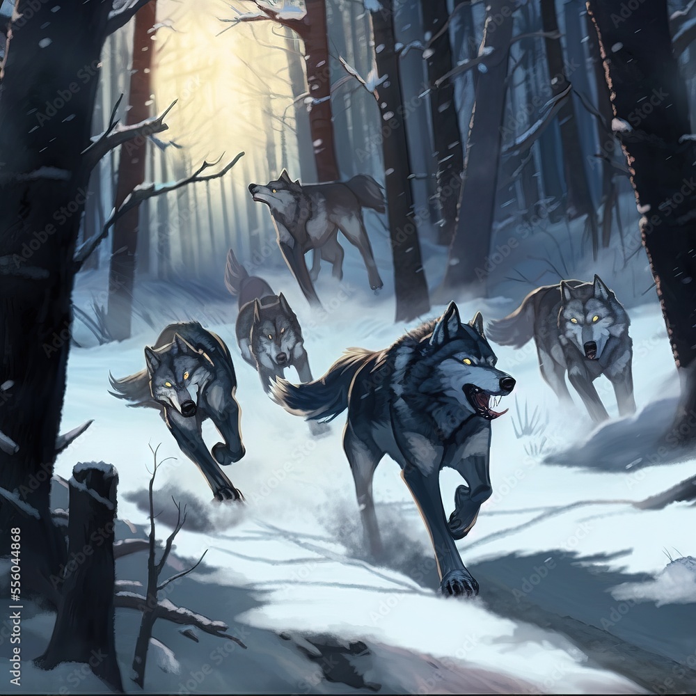 Poster  a group of wolfs running through a snowy forest with trees and branches in the background. Generative AI