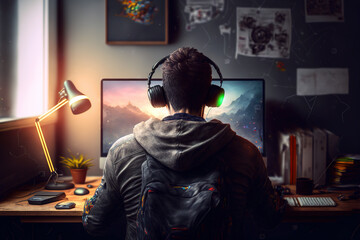 Concentrated gamer playing virtual game on powerful computer at home with professional headphones. Digital gamer  shooter space gaming competition late at night in living room. Digital art