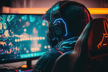 Naklejka premium Concentrated gamer playing virtual game on powerful computer at home with professional headphones. Digital gamer shooter space gaming competition late at night in living room. Digital art