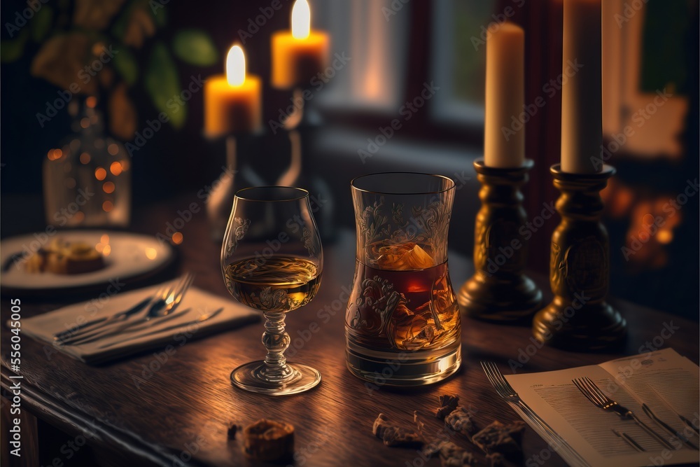 Poster a table with a glass of wine and a plate of food on it with candles in the background and a menu on 