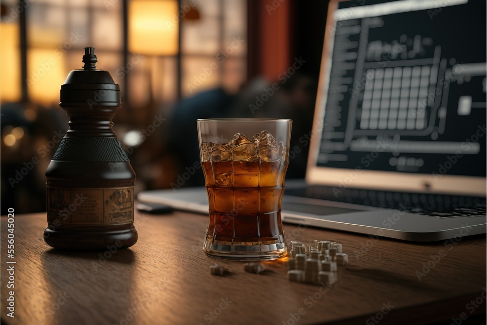 Poster a glass of whiskey next to a bottle of whiskey and a laptop computer on a table with a bottle of whi