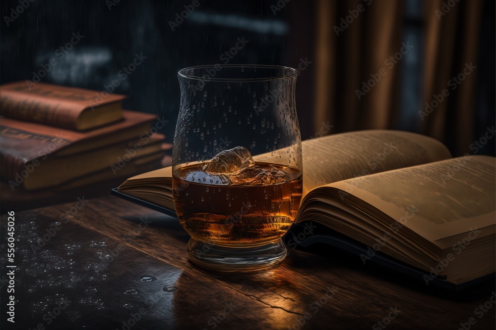 Poster a glass of whiskey on a table with a book and a candle in the background on a table top. generative 