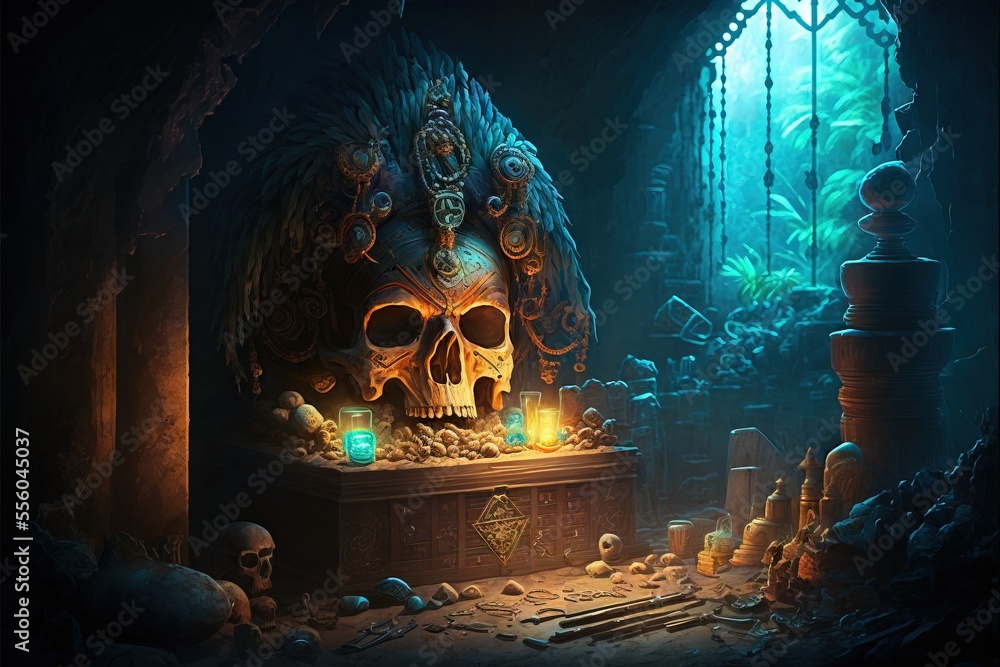 Aufkleber a painting of a skull in a room with a window and a light on it's side and a skull in the middle. ge