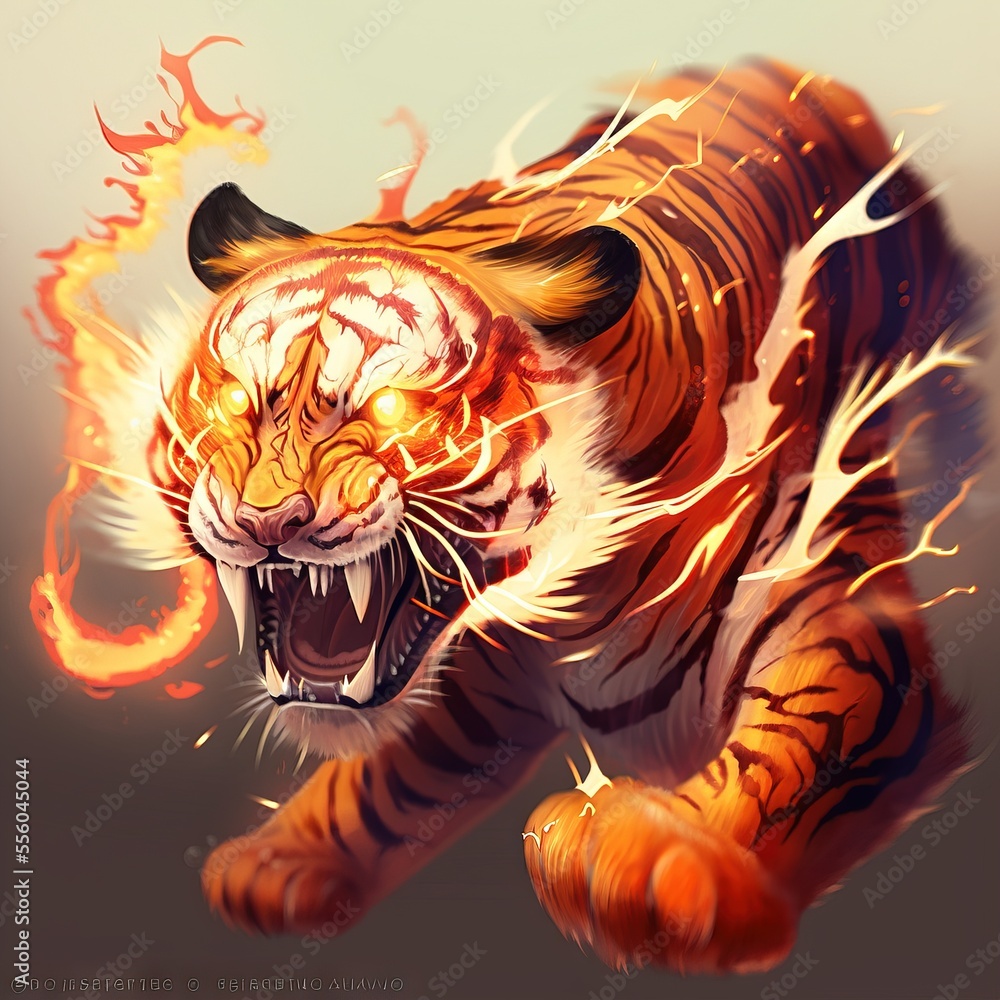 Poster a tiger with a fire on its face running through the air with its mouth open and its mouth wide open.