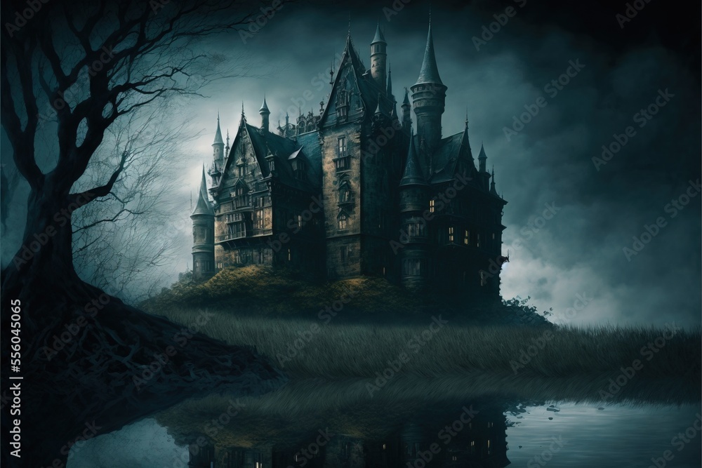 Poster a castle with a tree in front of it on a hill with water and a dark sky behind it. generative ai