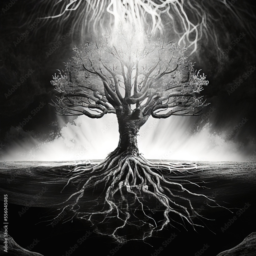 Poster a tree with roots in the middle of it with a sky background and a light shining through the branches