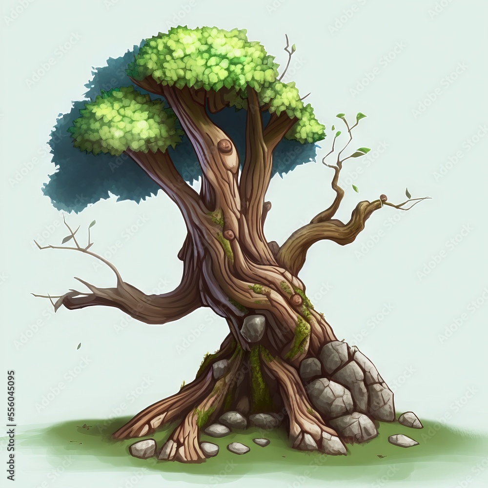 Aufkleber a tree with a green top and a rock base in the middle of it. generative ai