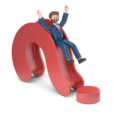 3D illustration of smiling bearded american businessman Bob in a question mark slide. 3D rendering on white background.
