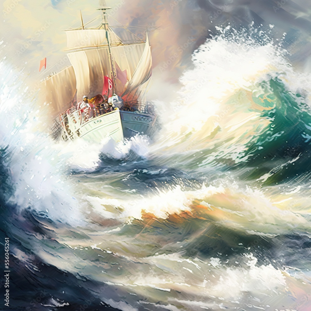 Aufkleber a painting of a ship in a rough ocean with a sky background and a wave crashing over it. generative 