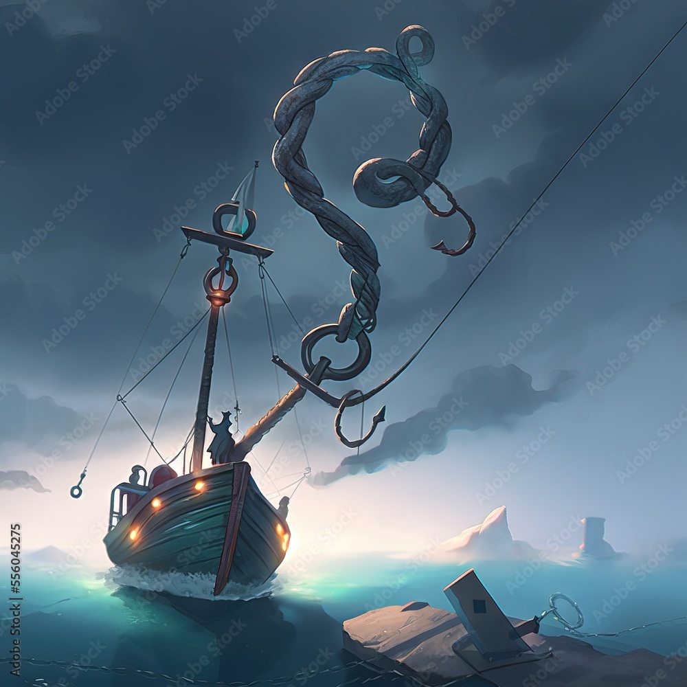 Poster a boat with a snake on it floating in the ocean with a boat in the background and a boat in the wate