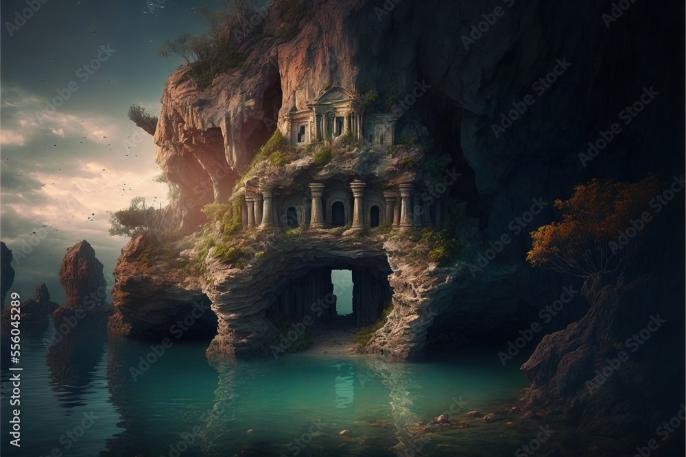 Poster a cave with a body of water in front of it and a cliff with a cave entrance on the side. generative 
