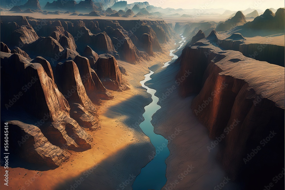 Aufkleber a river running through a desert landscape with mountains in the background and a river running thro