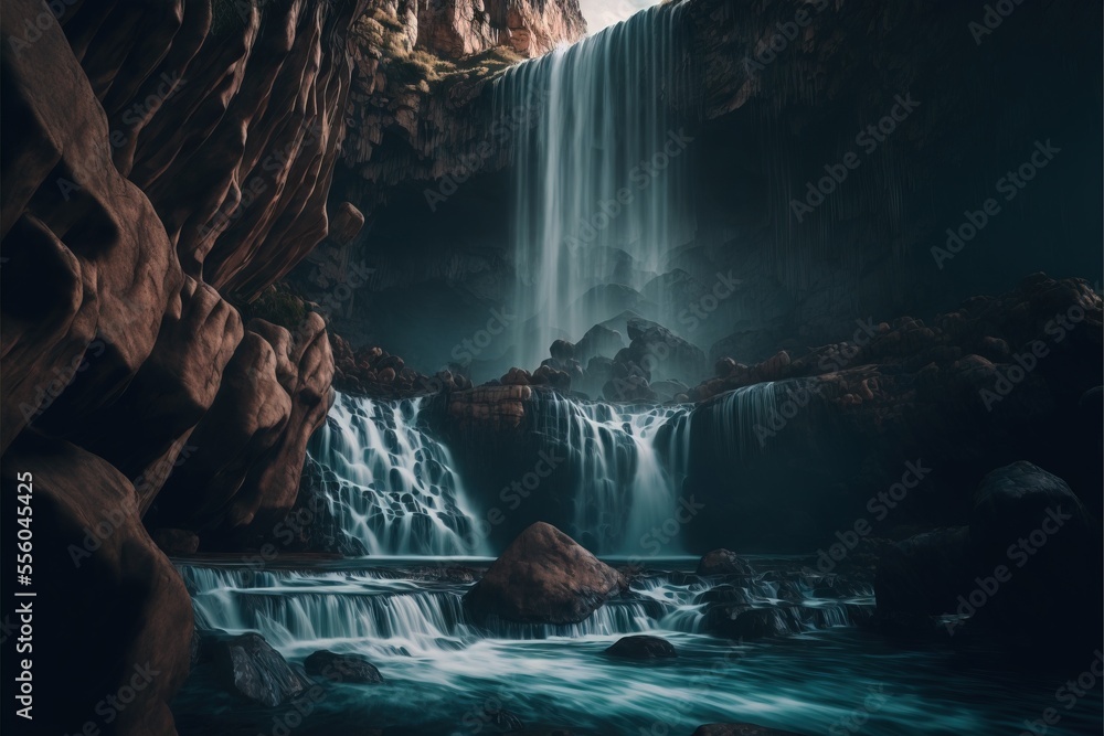 Poster a waterfall with a waterfall cascading down it's side in a cave with rocks and water. generative ai