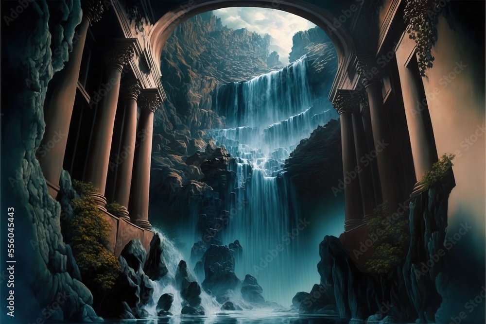 Poster a painting of a waterfall and a bridge in a cave with columns and pillars. generative ai