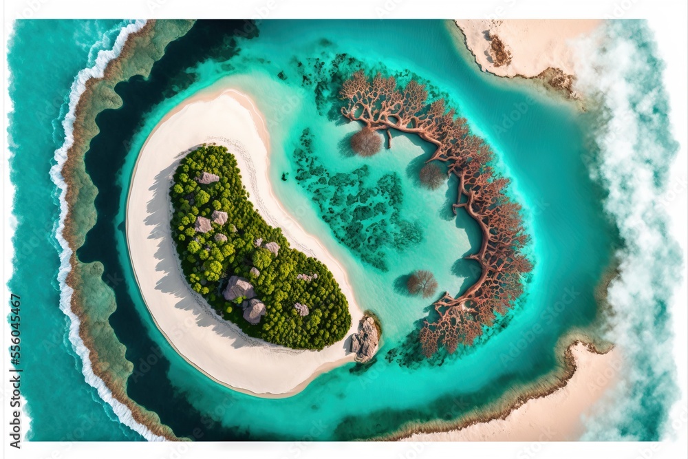 Poster an aerial view of a tropical island with a lagoon and a beach in the middle of it. generative ai
