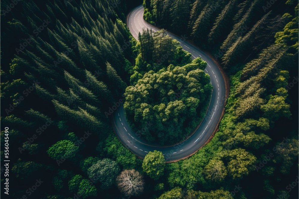 Poster a winding road in the middle of a forest with trees on both sides of it and a road winding into the 