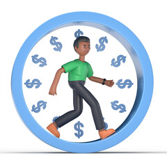 3D illustration of handsome afro man David running on a wheel searching for money. Rat race. 3D rendering on white background.

