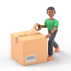 3D illustration of handsome afro man David packing box.3D rendering on white background.
