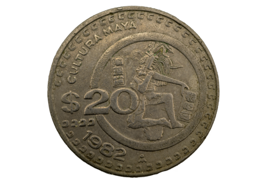 Moneda de México de 20 pesos 1982, Cultura Maya, Juagador Águila, juego de pelota