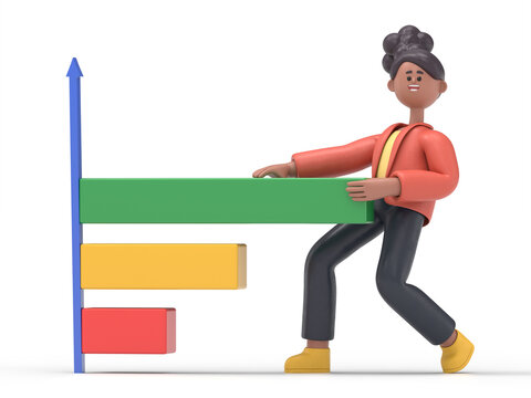 3D illustration of smiling african american woman Coco pulls a graph and diagram. Businessman or manager draws the chart.3D rendering on white background.
