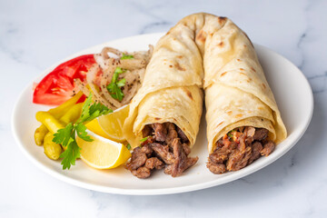 Delicious turkish kebab tantuni. Mersin tantuni durum. - obrazy, fototapety, plakaty