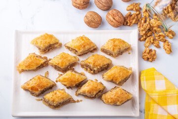 Traditional Turkish dessert; Handmade walnut baklava. Turkish name; cevizli baklava