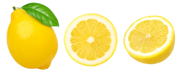 lemon fruit with leaves, slice, and half isolated, Fresh and Juicy Lemon, transparent png, PNG format, cut out.