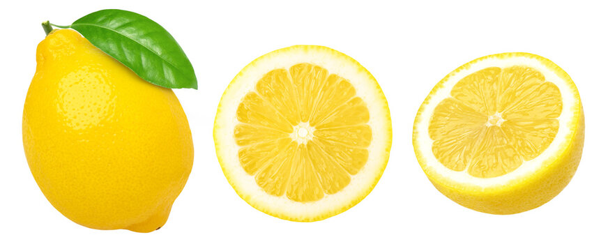 Lemon Fruit With Leaves, Slice, And Half Isolated, Fresh And Juicy Lemon, Transparent Png, PNG Format, Cut Out.