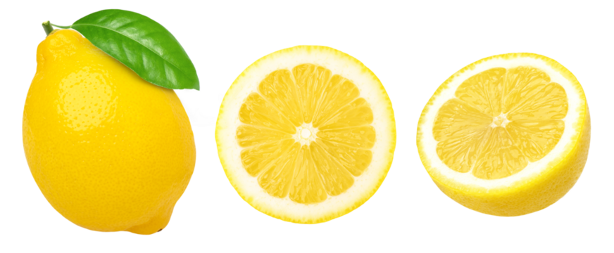 lemon fruit with leaves, slice, and half isolated, Fresh and Juicy Lemon, transparent png, PNG format, cut out.