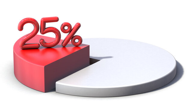 25% red pie chart isolated on white background. 3d illustration.