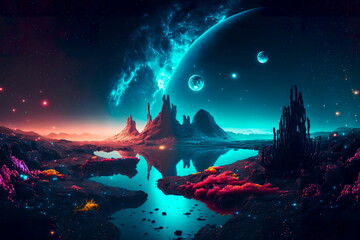 Fototapeta na wymiar Fantasy night landscape with abstract islands and night sky with space galaxies.