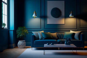 Photo interior of living room with sofa on empty dark blue wall