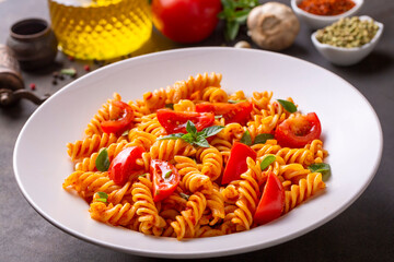 Fusilli pasta, spiral or spirali pasta with tomato sauce - Italian food style. (Turkish name;...
