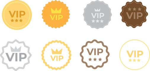 Set VIP badges in gold, silver and bronze color. Round label with three vip level. Modern vector illustration - obrazy, fototapety, plakaty