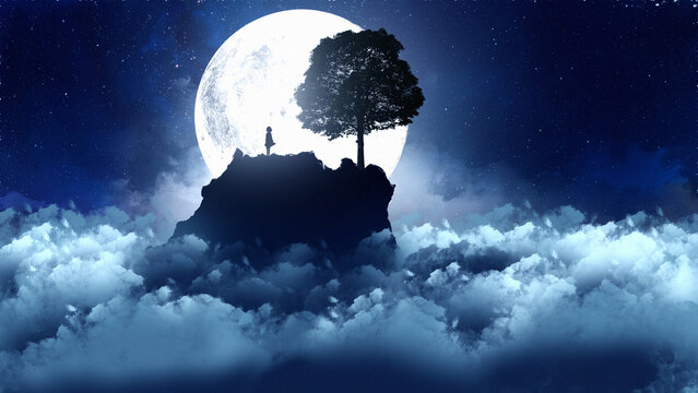 girl mountain moon night and tree light digital art type painting 3d illustration  high definition  wallpaper