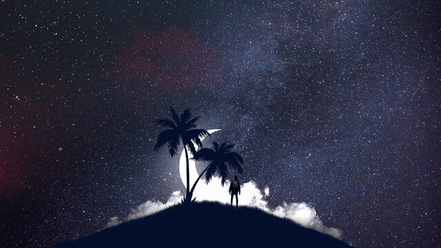 moon night sky light digital art painting  3d illustration , high definition   wallpaper