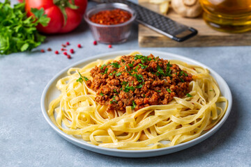 Spaghetti with minced meat in tomato sauce, pasta with noodles. Turkish noodle pasta.