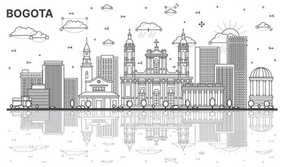 Outline Bogota Colombia City Skyline with Historic Buildings and Reflections Isolated on White.