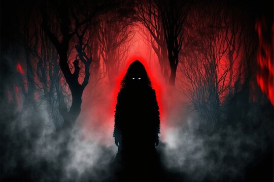 Scary evil spirit with glowing red eyes haunts the foggy woods at midnight - dangerous undead ghostly apparition in form of female silhouette.