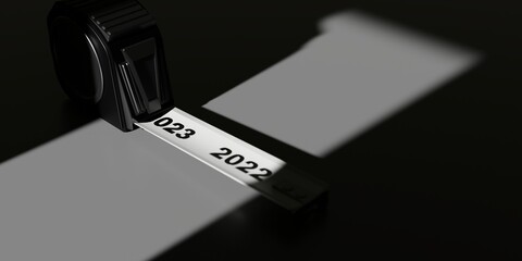 Tape ruler conceptual new year 3d render illustration. Measurement tool showing year 2023 to come.