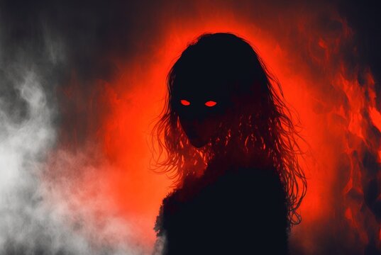 Scary evil spirit with glowing red eyes haunts the foggy woods at midnight  - dangerous undead ghostly apparition in form of female silhouette. Stock  Illustration | Adobe Stock