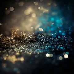 glitter vintage lights background. gold, silver, blue and black particles