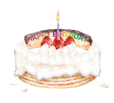 一本のローソク付き誕生日ケーキの手描き水彩画