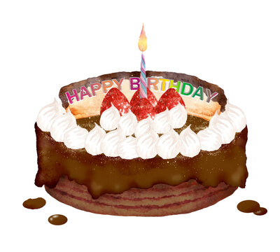 お誕生日チョコレートケーキの手描き水彩画