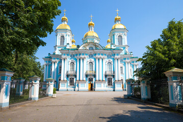 Fototapeta na wymiar View of the ancient St. Nicholas Cathedral on a sunny June day. Saint-Petersburg, Russia
