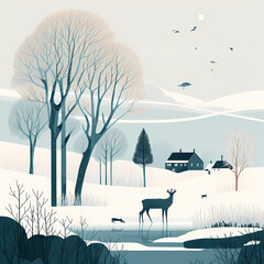 winter landscape with trees and animals, vector illustration, art, minimalist art, winter background 