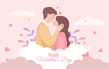 cute flat illustration with lovers and text happy valentines day
